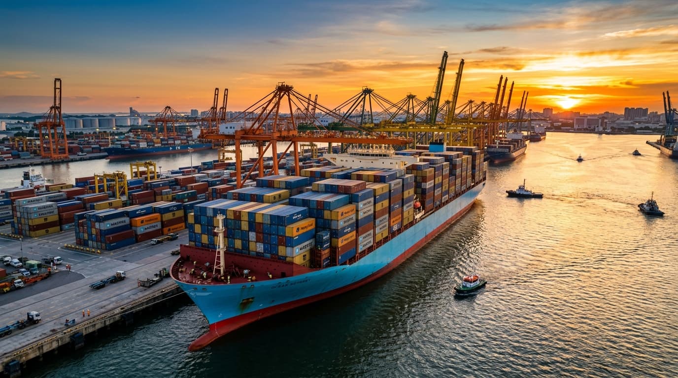 Container vessel at an international shipping port