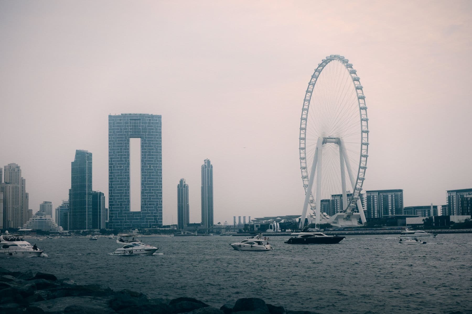 Dubai port district and city skyline in the United Arab Emirates